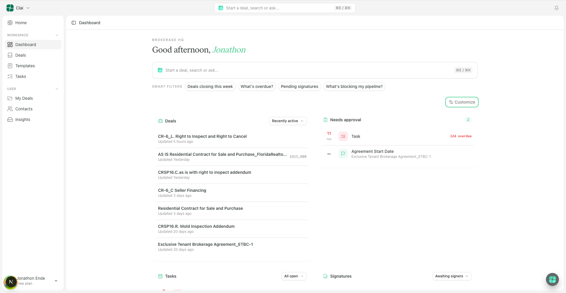 claiOS dashboard showing deals, tasks and pending signatures