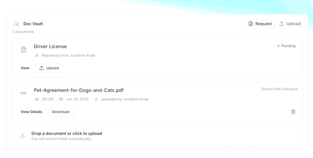 Clai Doc Vault listing requested and uploaded deal documents